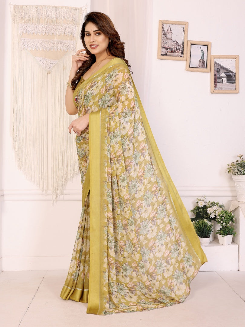 Bright Yellow Bright Moss Satin Patta Printed Saree with Matching Blouse
