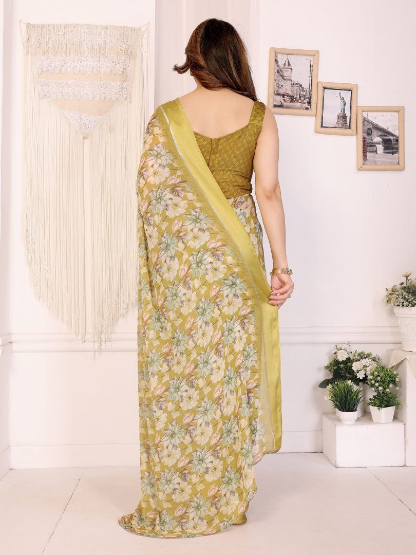 Bright Yellow Bright Moss Satin Patta Printed Saree with Matching Blouse