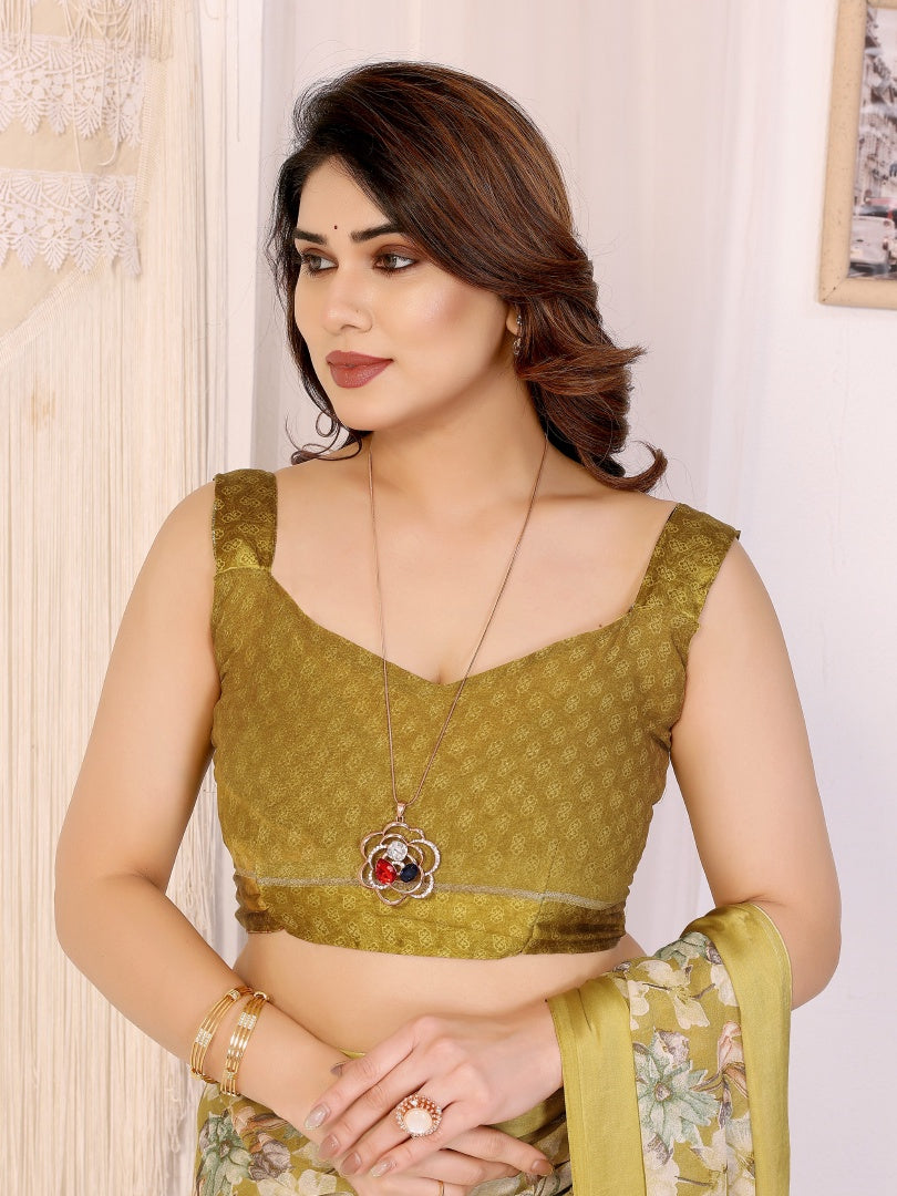 Bright Yellow Bright Moss Satin Patta Printed Saree with Matching Blouse