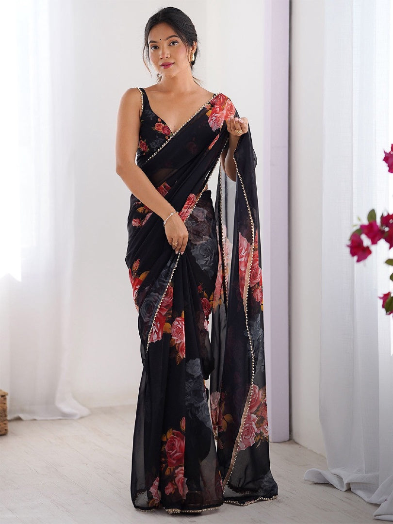 Elegant Black Digital Printed Georgette Saree with Mirror Work & Matching Blouse