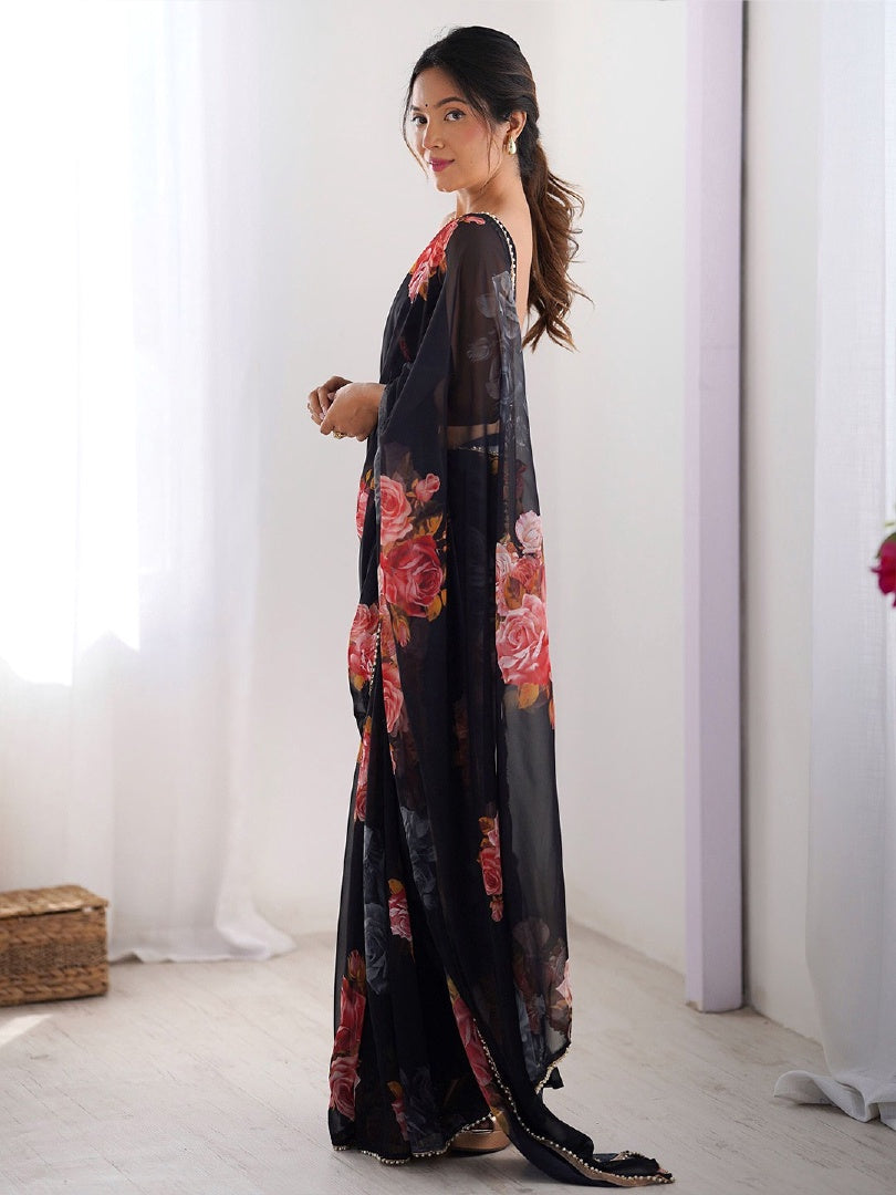 Elegant Black Digital Printed Georgette Saree with Mirror Work & Matching Blouse