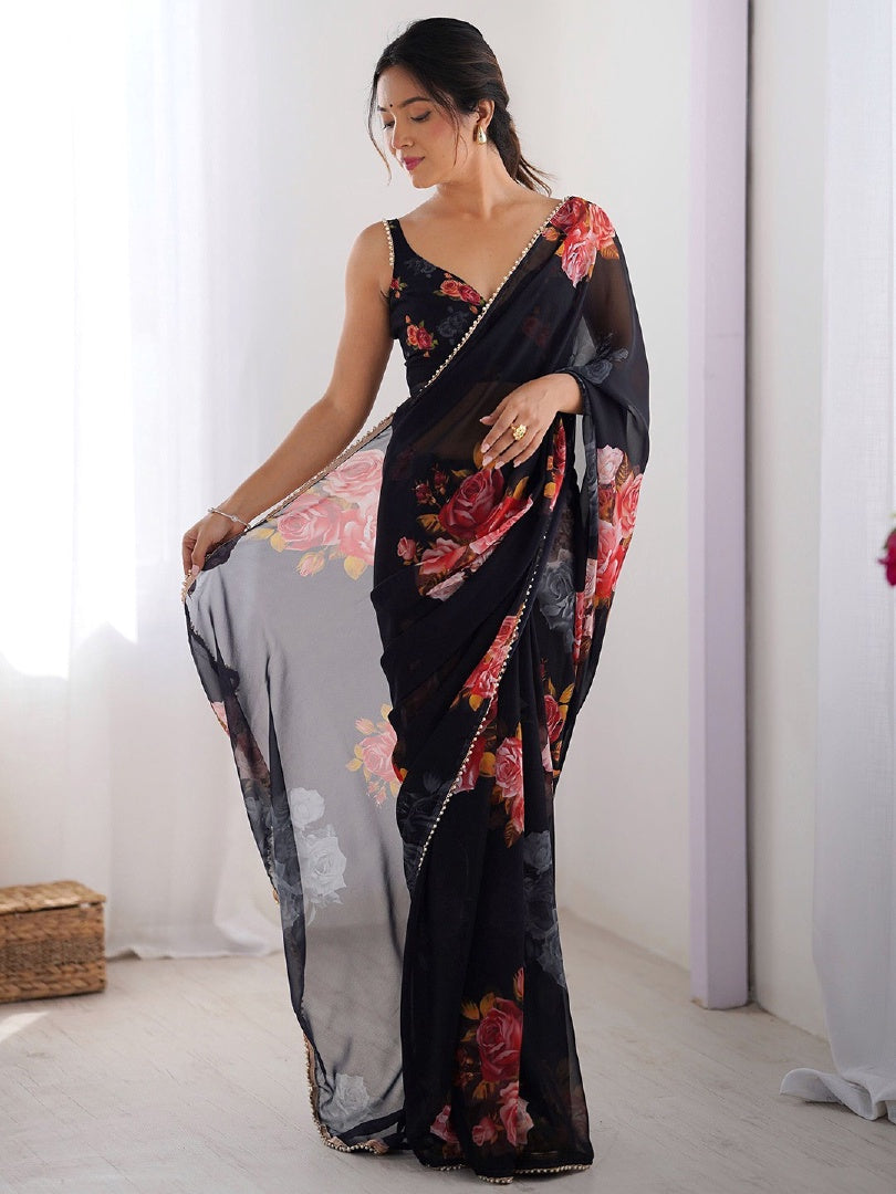 Elegant Black Digital Printed Georgette Saree with Mirror Work & Matching Blouse