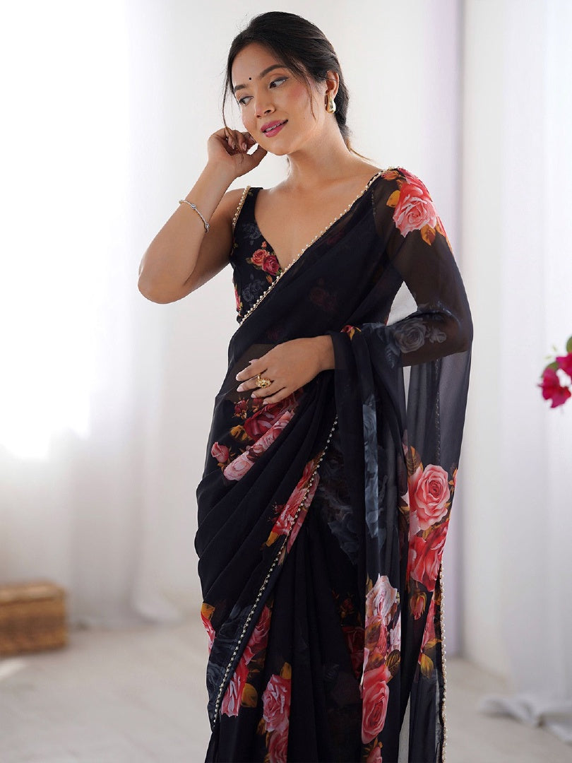 Elegant Black Digital Printed Georgette Saree with Mirror Work & Matching Blouse