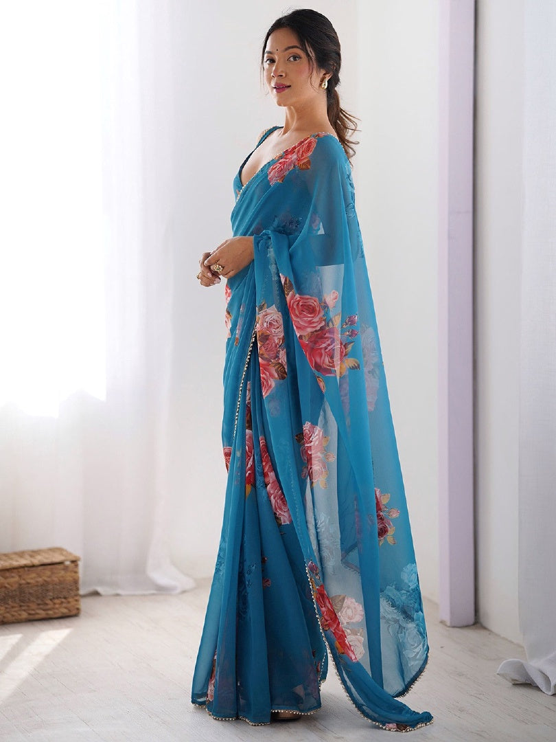 Vibrant Blue Digital Printed Georgette Saree with Mirror Work & Matching Blouse