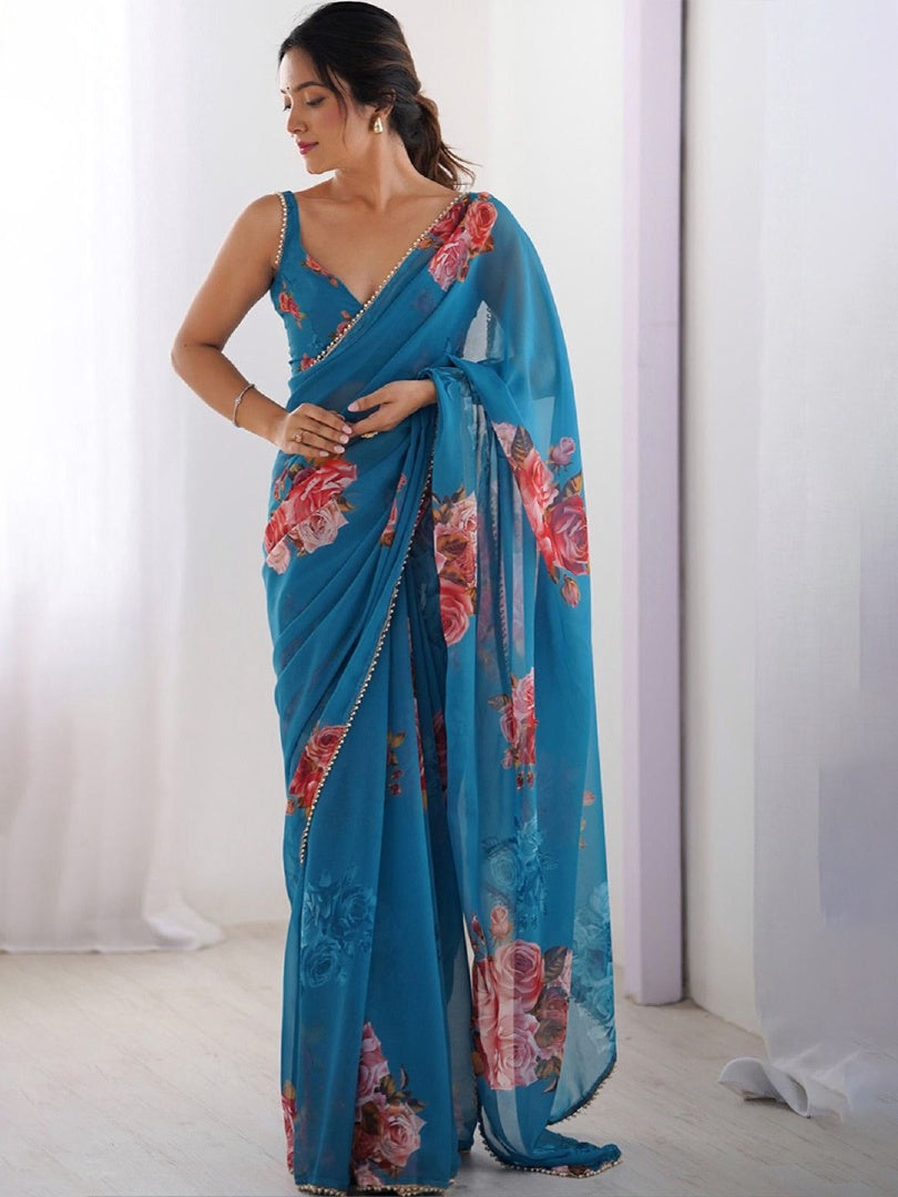 Vibrant Blue Digital Printed Georgette Saree with Mirror Work & Matching Blouse