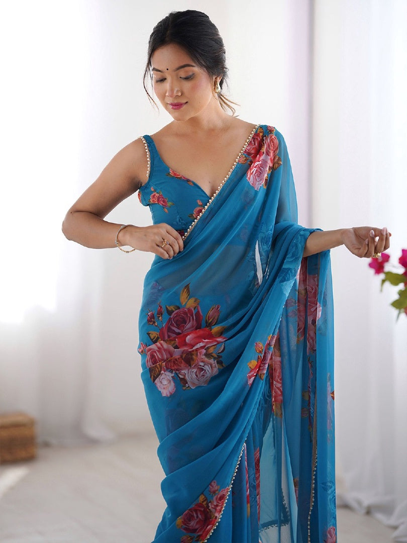 Vibrant Blue Digital Printed Georgette Saree with Mirror Work & Matching Blouse