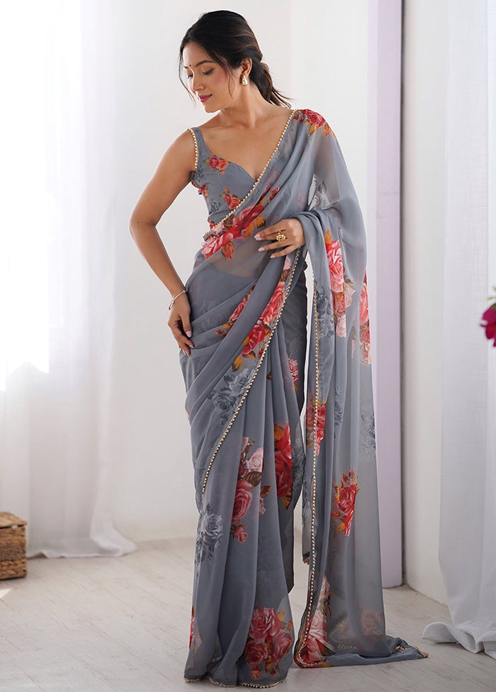 Graceful Grey Digital Printed Georgette Saree with Mirror Work & Matching Blouse