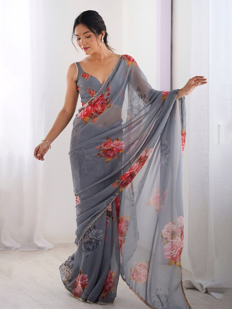 Graceful Grey Digital Printed Georgette Saree with Mirror Work & Matching Blouse