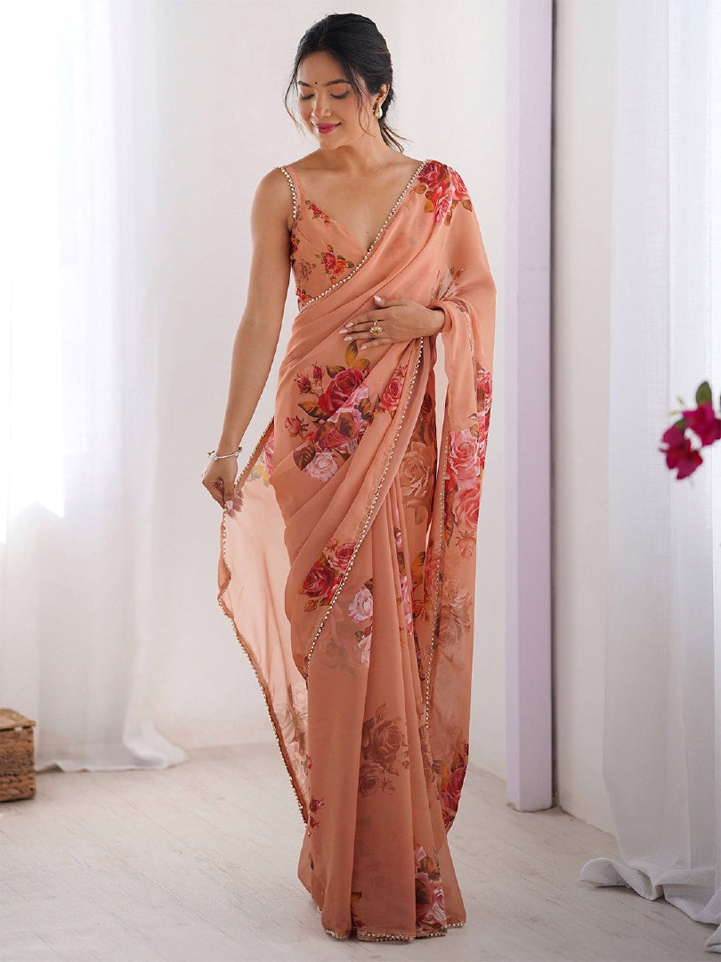 Beautiful Peach Digital Printed Georgette Saree with Mirror Work & Matching Blouse