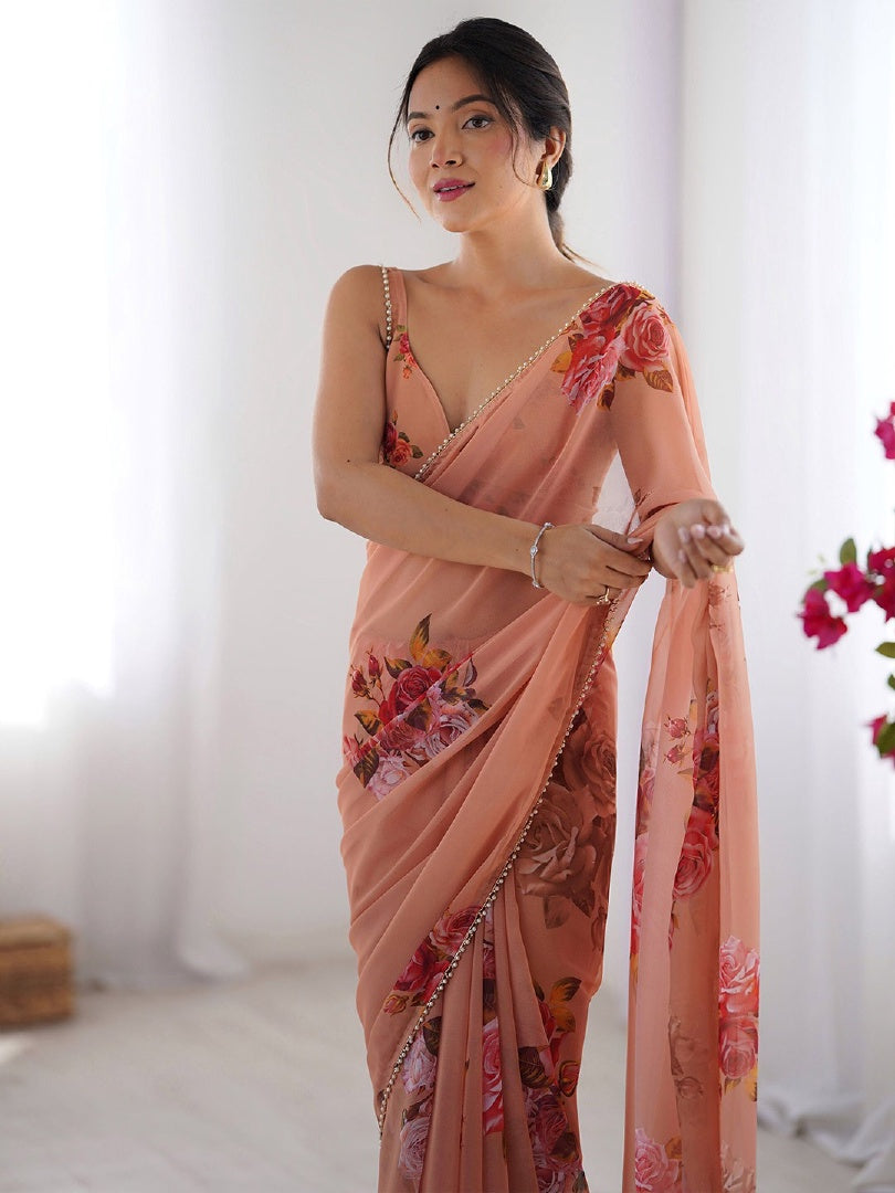 Beautiful Peach Digital Printed Georgette Saree with Mirror Work & Matching Blouse