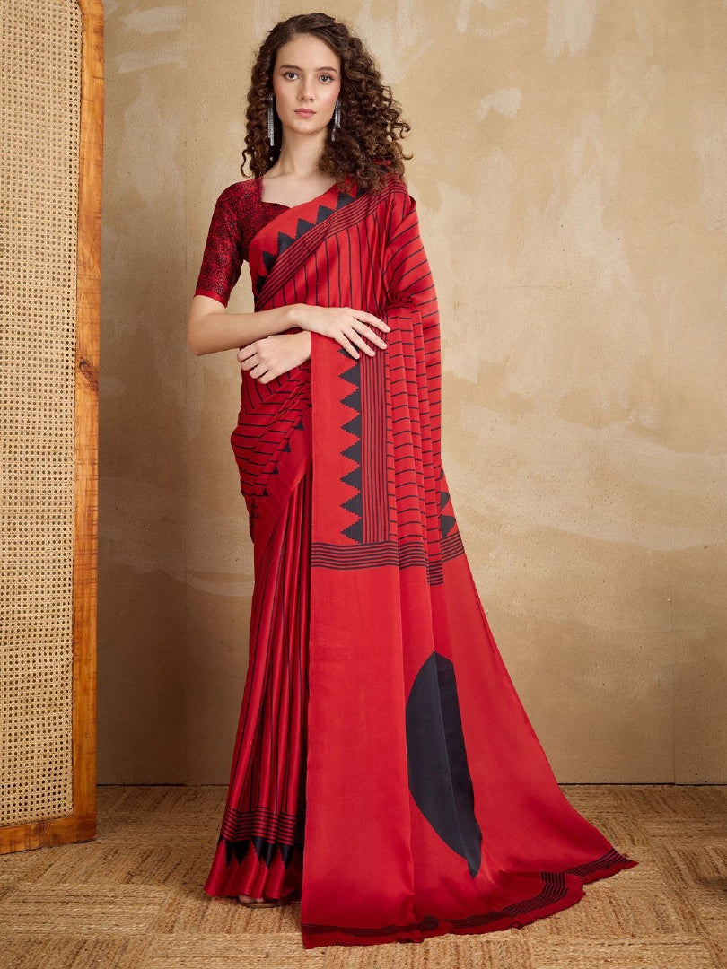 Elegant Red Chocolate Fabric Printed Saree with Matching Chocolate Blouse