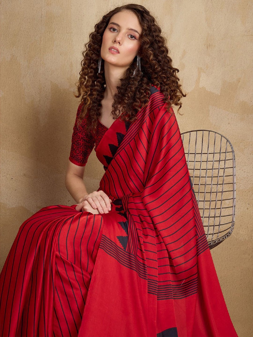 Elegant Red Chocolate Fabric Printed Saree with Matching Chocolate Blouse