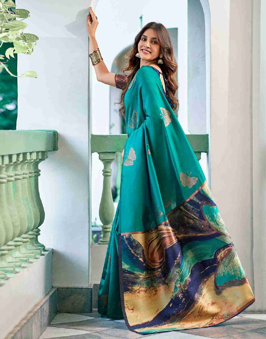 Elegant Firozi Banarasi Silk Weaving Saree with Matching Banarasi Silk Blouse