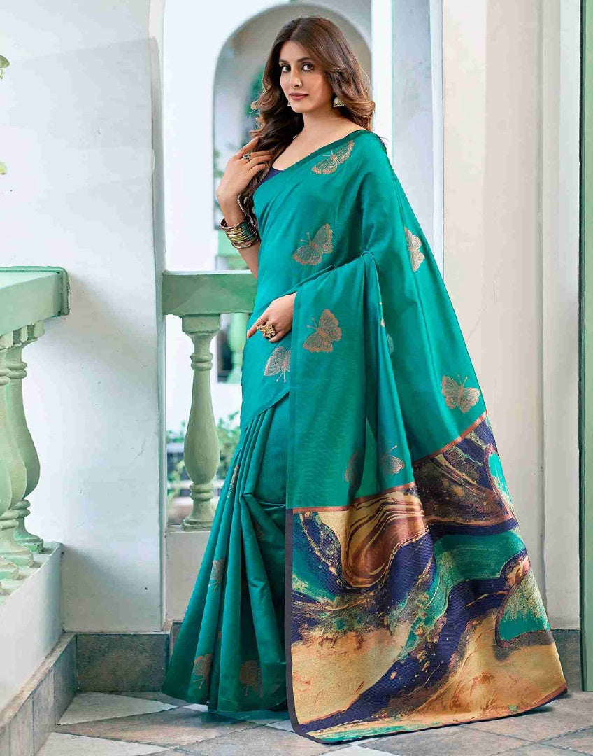 Elegant Firozi Banarasi Silk Weaving Saree with Matching Banarasi Silk Blouse