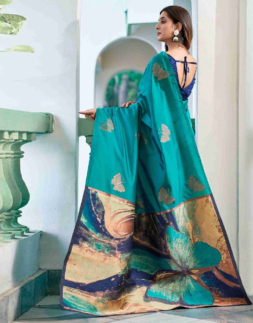 Elegant Firozi Banarasi Silk Weaving Saree with Matching Banarasi Silk Blouse