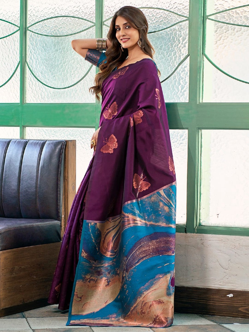 Graceful Wine Banarasi Silk Weaving Saree with Matching Banarasi Silk Blouse