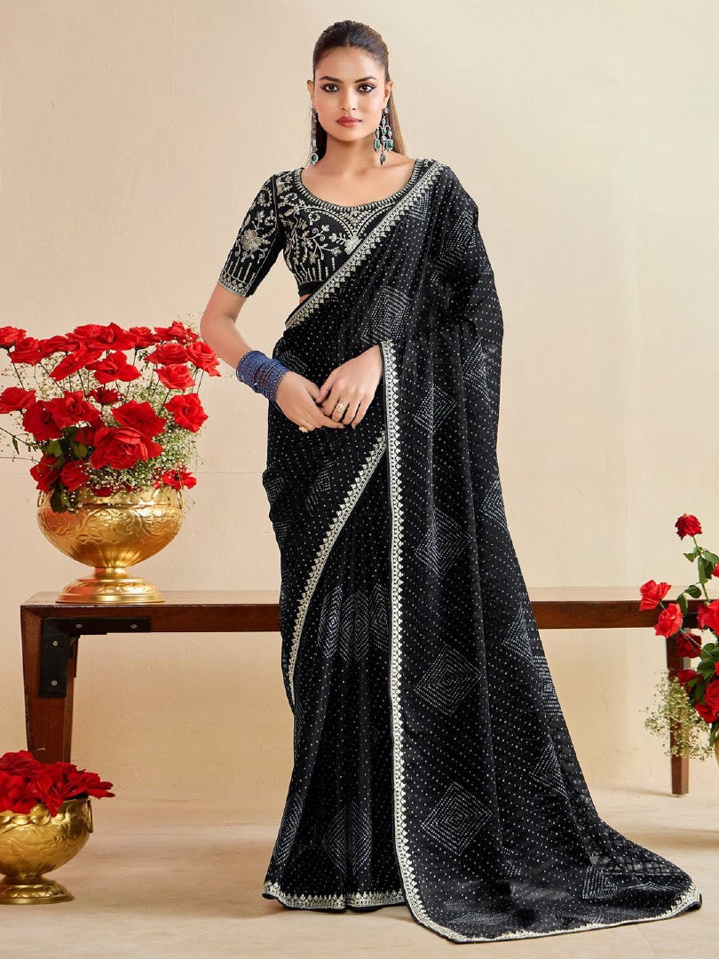 Elegant Black Moss Chiffon Bandhni Saree with Embroidery Work Lace & Banglory Blouse