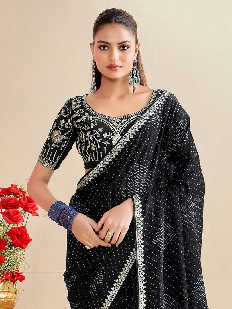 Elegant Black Moss Chiffon Bandhni Saree with Embroidery Work Lace & Banglory Blouse