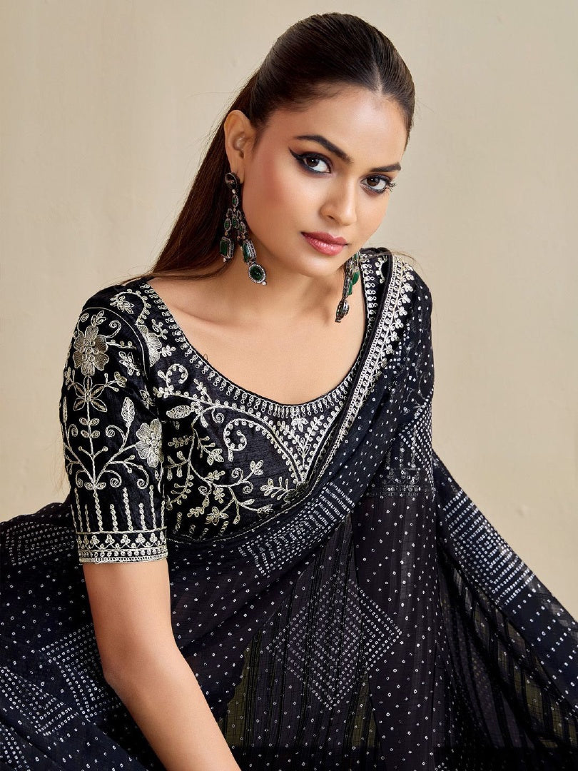 Elegant Black Moss Chiffon Bandhni Saree with Embroidery Work Lace & Banglory Blouse