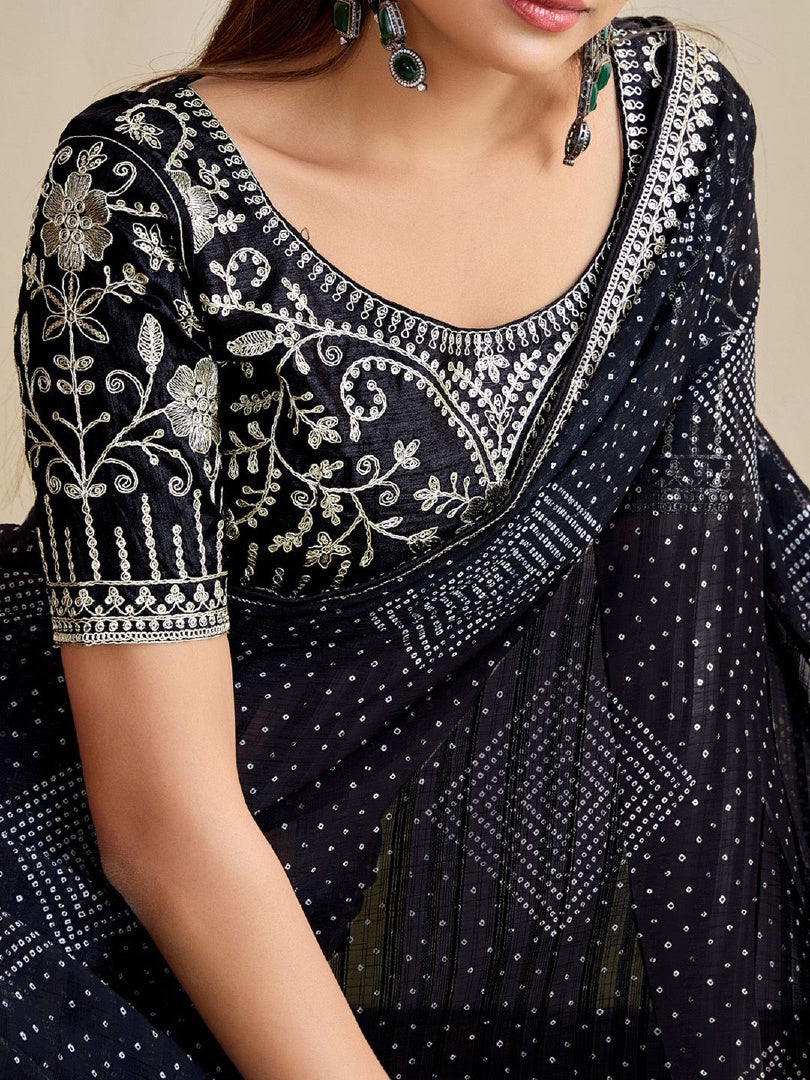 Elegant Black Moss Chiffon Bandhni Saree with Embroidery Work Lace & Banglory Blouse