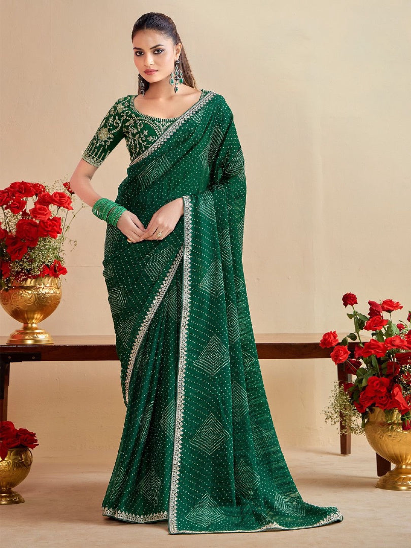 Vibrant Green Moss Chiffon Bandhni Saree with Embroidery Lace & Banglory Blouse