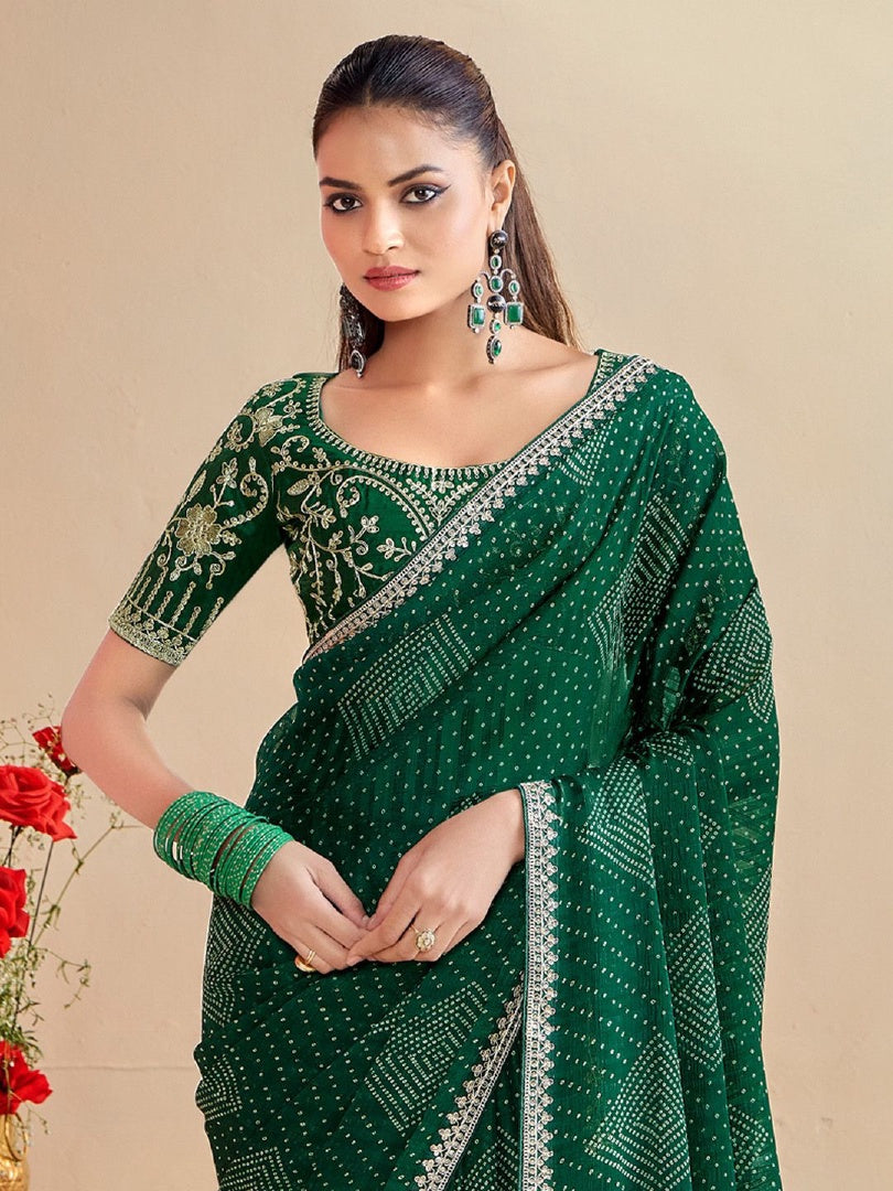 Vibrant Green Moss Chiffon Bandhni Saree with Embroidery Lace & Banglory Blouse