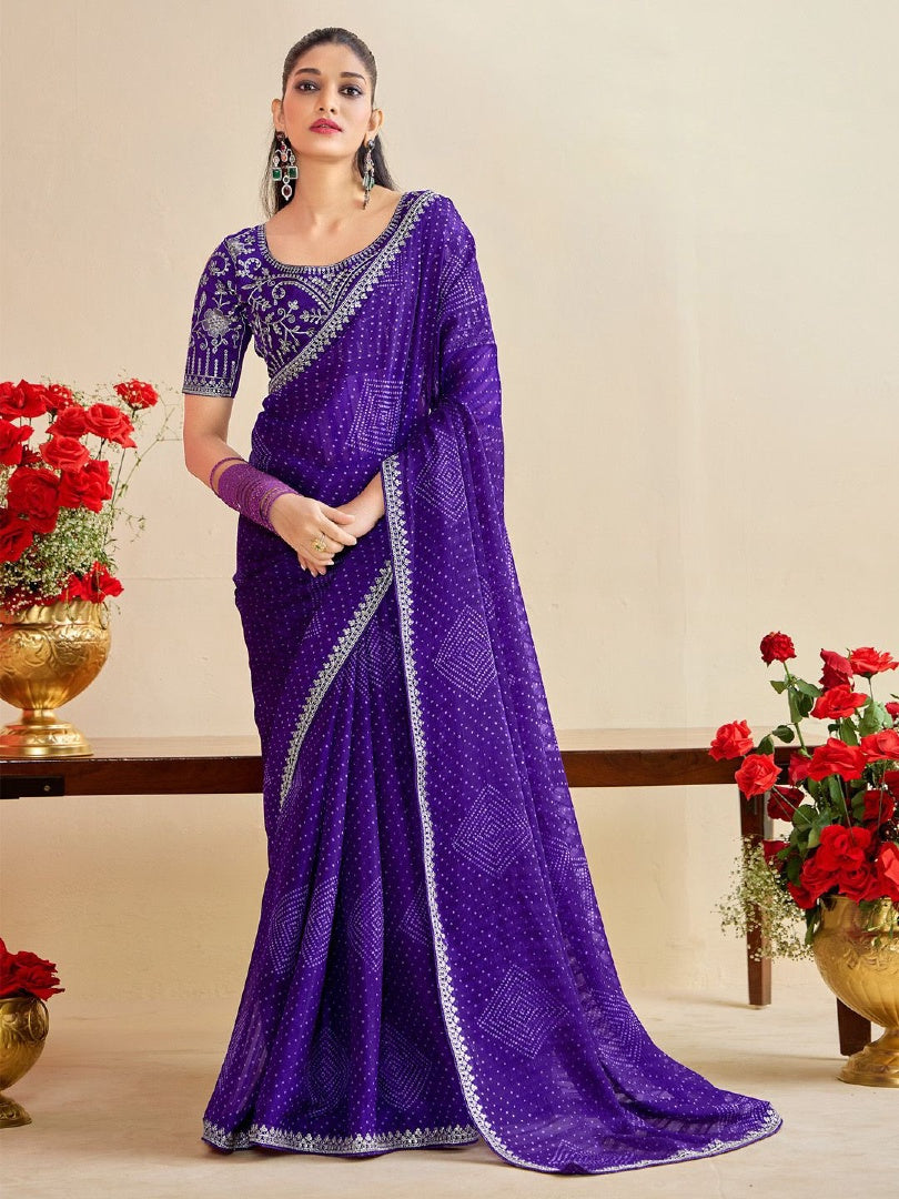 Rich Jamun Moss Chiffon Bandhni Saree with Embroidery Work Lace & Banglory Blouse