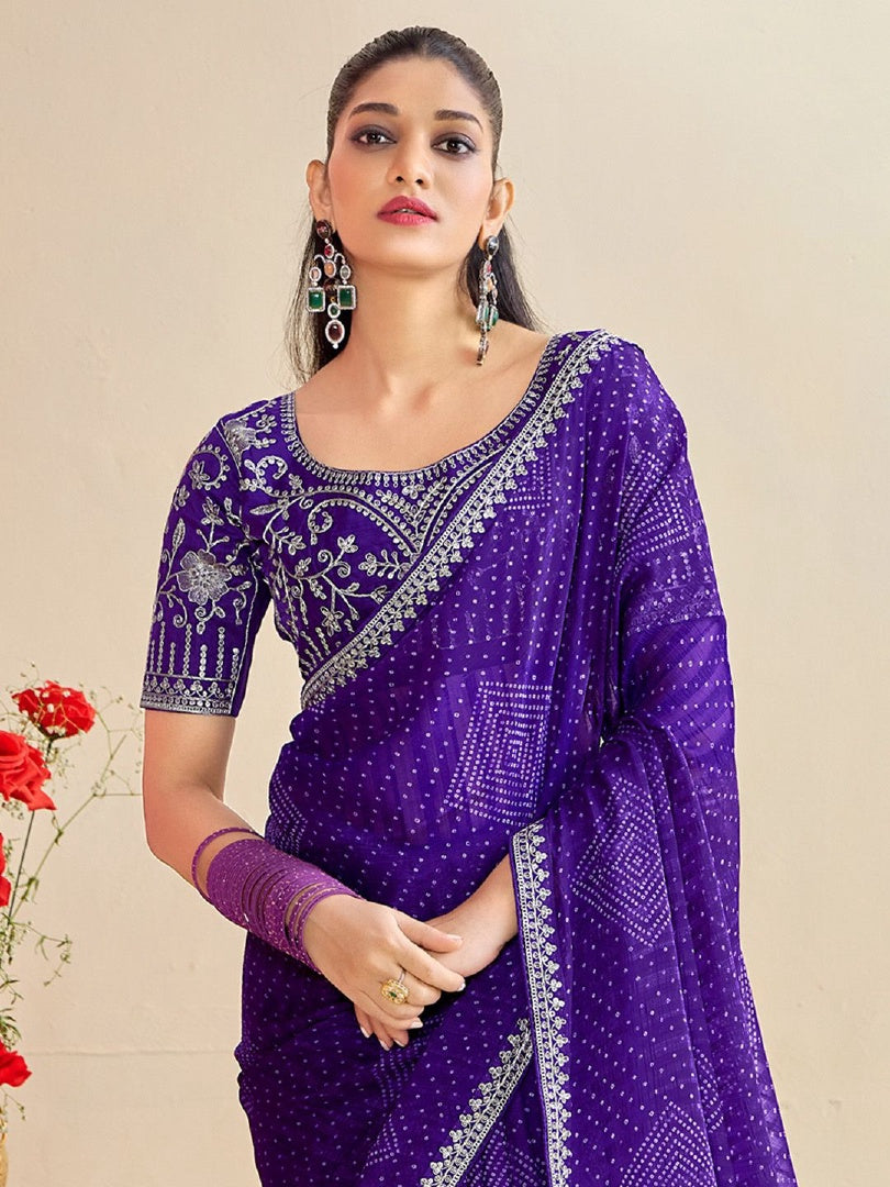 Rich Jamun Moss Chiffon Bandhni Saree with Embroidery Work Lace & Banglory Blouse