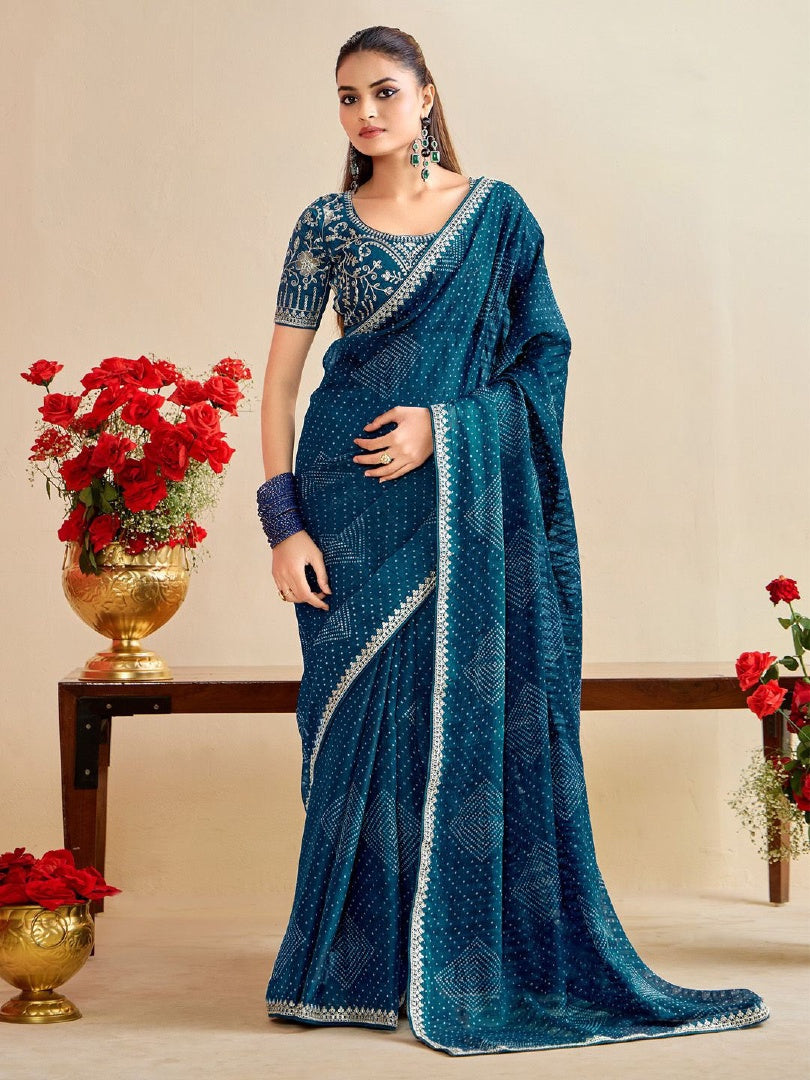 Beautiful Morpich Moss Chiffon Bandhni Saree with Embroidery Lace & Banglory Blouse