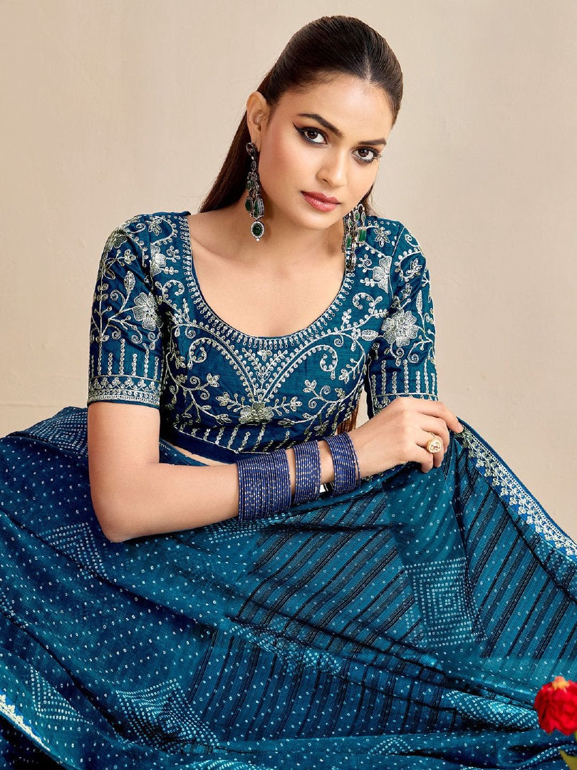 Beautiful Morpich Moss Chiffon Bandhni Saree with Embroidery Lace & Banglory Blouse