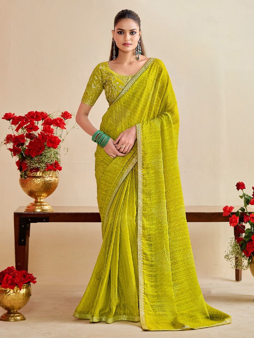 Stylish Olive Moss Chiffon Bandhni Saree with Embroidery Lace & Banglory Blouse