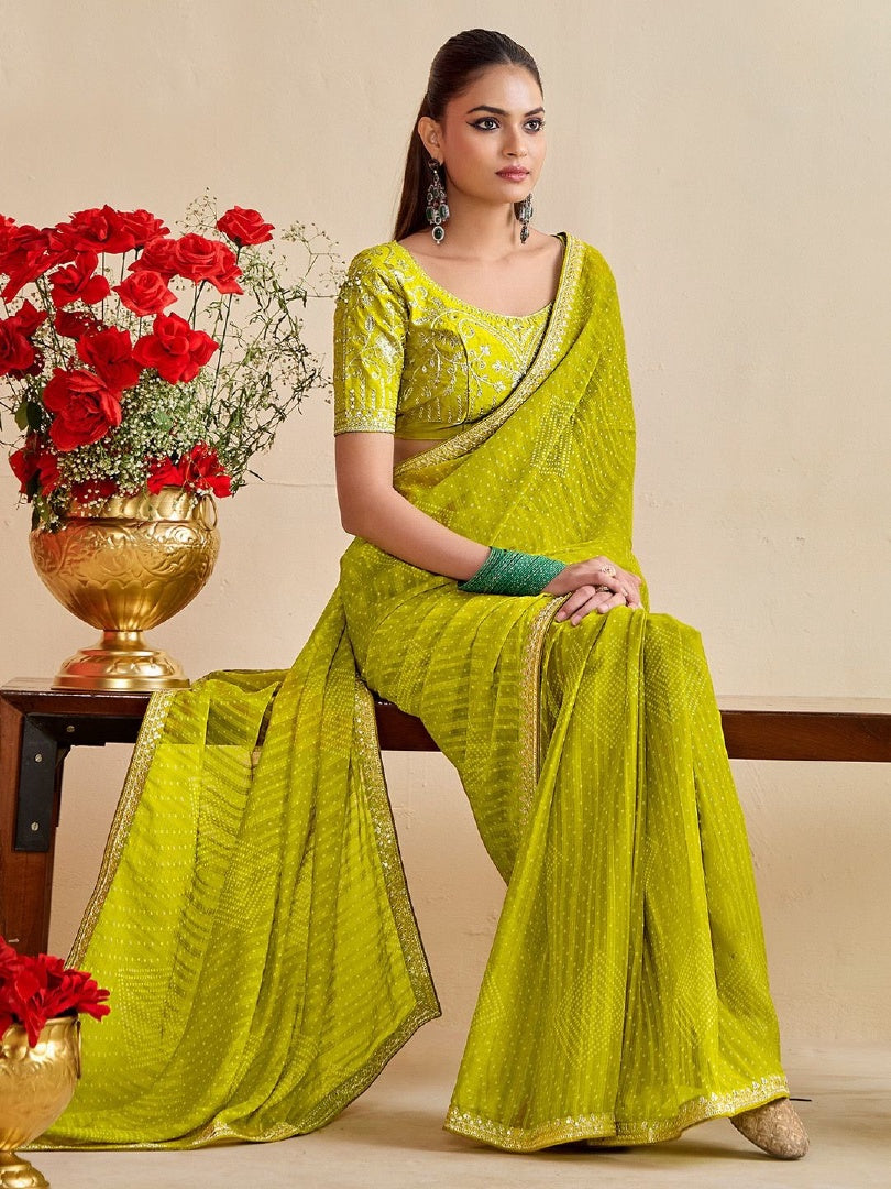 Stylish Olive Moss Chiffon Bandhni Saree with Embroidery Lace & Banglory Blouse