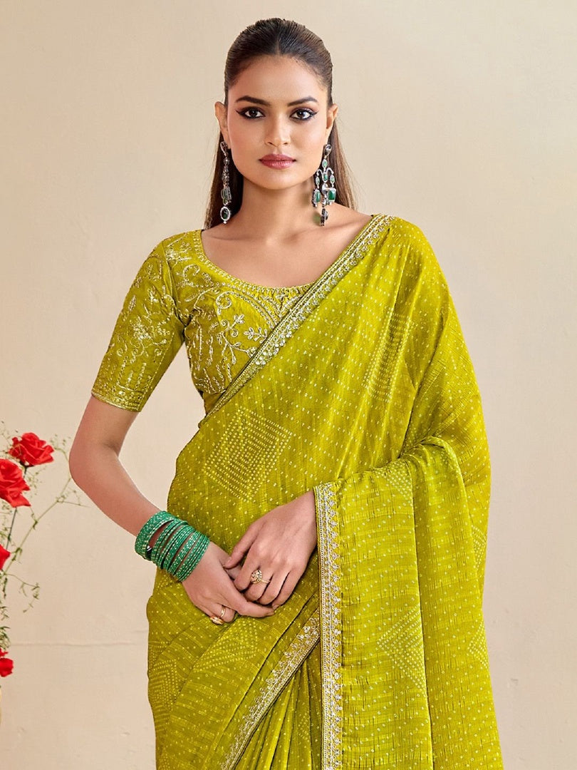 Stylish Olive Moss Chiffon Bandhni Saree with Embroidery Lace & Banglory Blouse