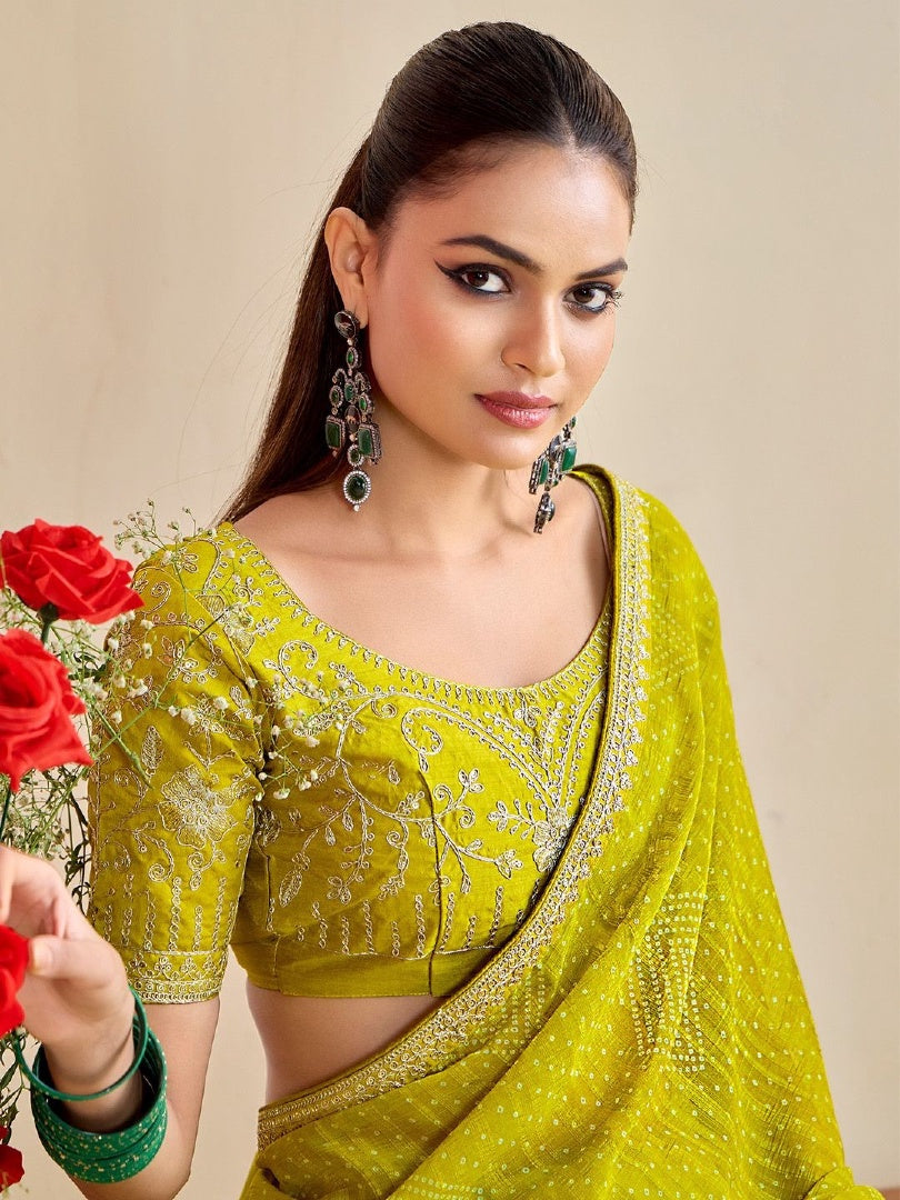 Stylish Olive Moss Chiffon Bandhni Saree with Embroidery Lace & Banglory Blouse