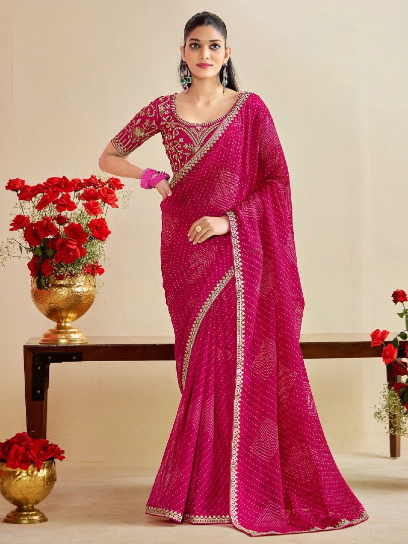 Graceful Pink Moss Chiffon Bandhni Saree with Embroidery Lace Work & Banglory Blouse
