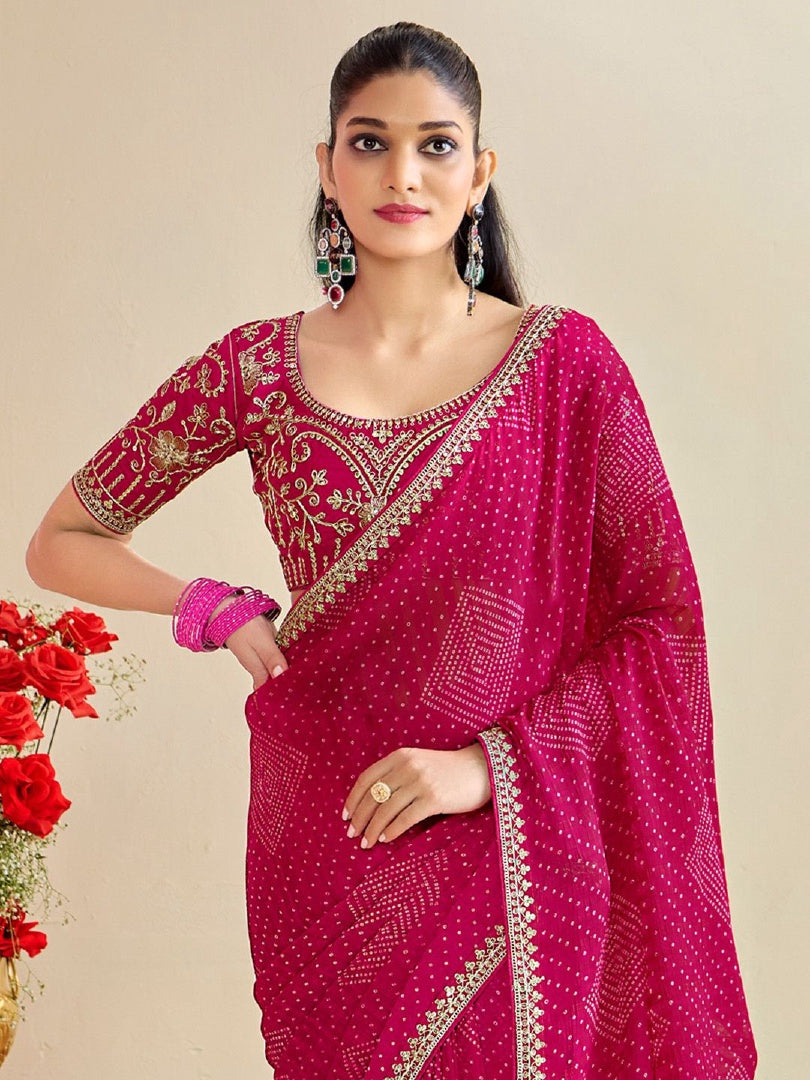 Graceful Pink Moss Chiffon Bandhni Saree with Embroidery Lace Work & Banglory Blouse
