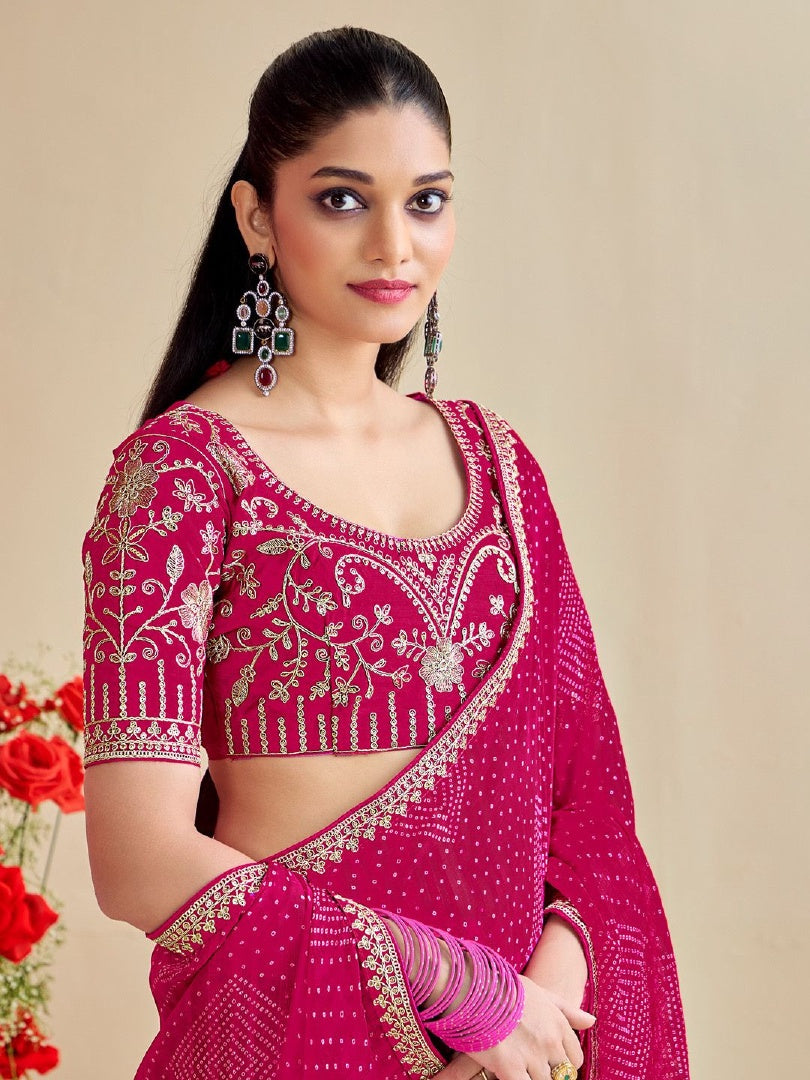 Graceful Pink Moss Chiffon Bandhni Saree with Embroidery Lace Work & Banglory Blouse