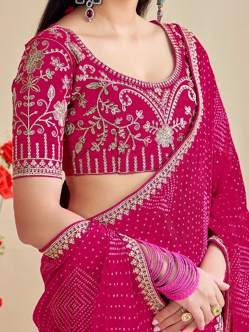Graceful Pink Moss Chiffon Bandhni Saree with Embroidery Lace Work & Banglory Blouse
