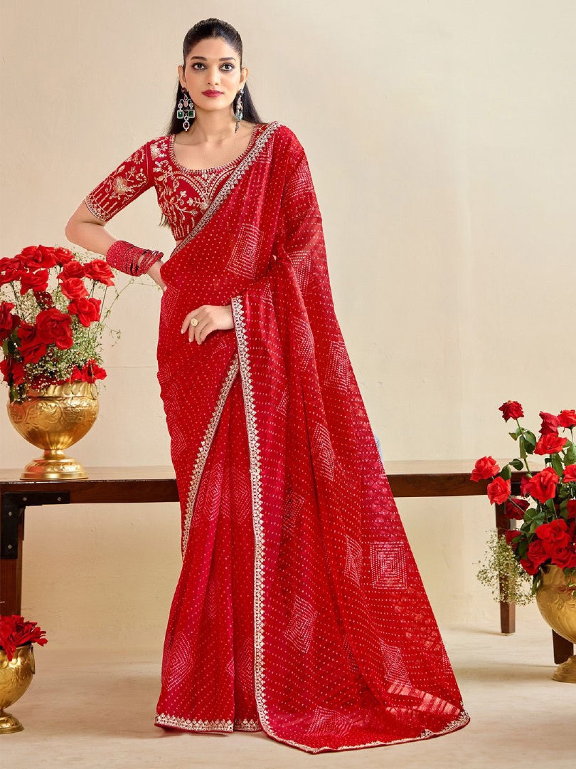Classic Red Moss Chiffon Bandhni Saree with Embroidery Lace & Banglory Blouse
