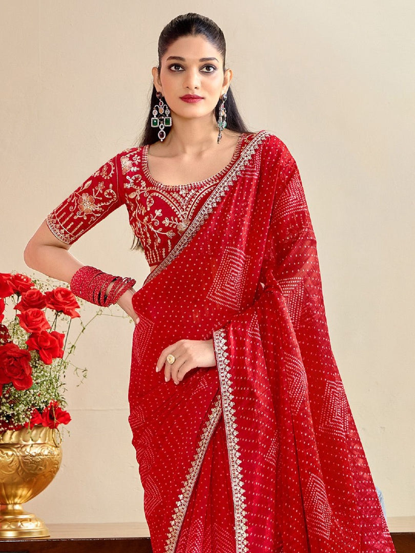 Classic Red Moss Chiffon Bandhni Saree with Embroidery Lace & Banglory Blouse