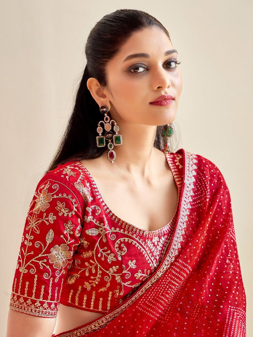 Classic Red Moss Chiffon Bandhni Saree with Embroidery Lace & Banglory Blouse