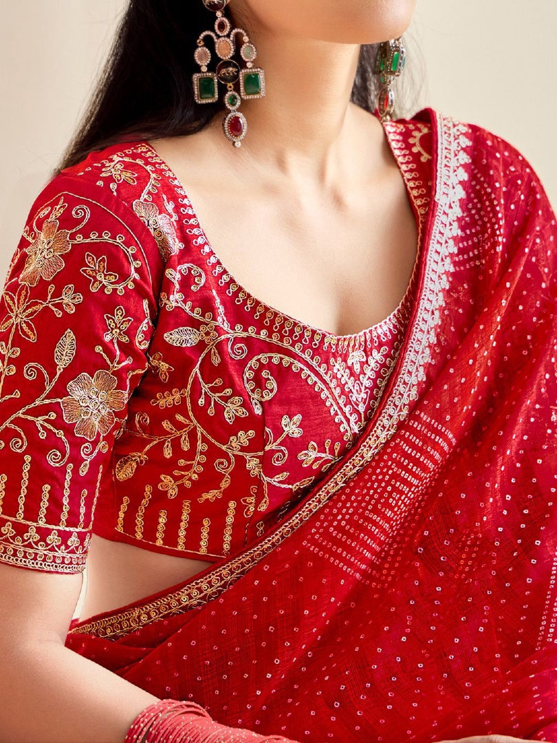 Classic Red Moss Chiffon Bandhni Saree with Embroidery Lace & Banglory Blouse