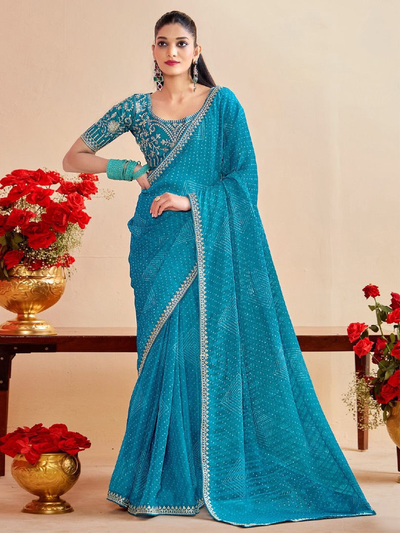 Refreshing Sky Blue Moss Chiffon Bandhni Saree with Embroidery Lace & Banglory Blouse