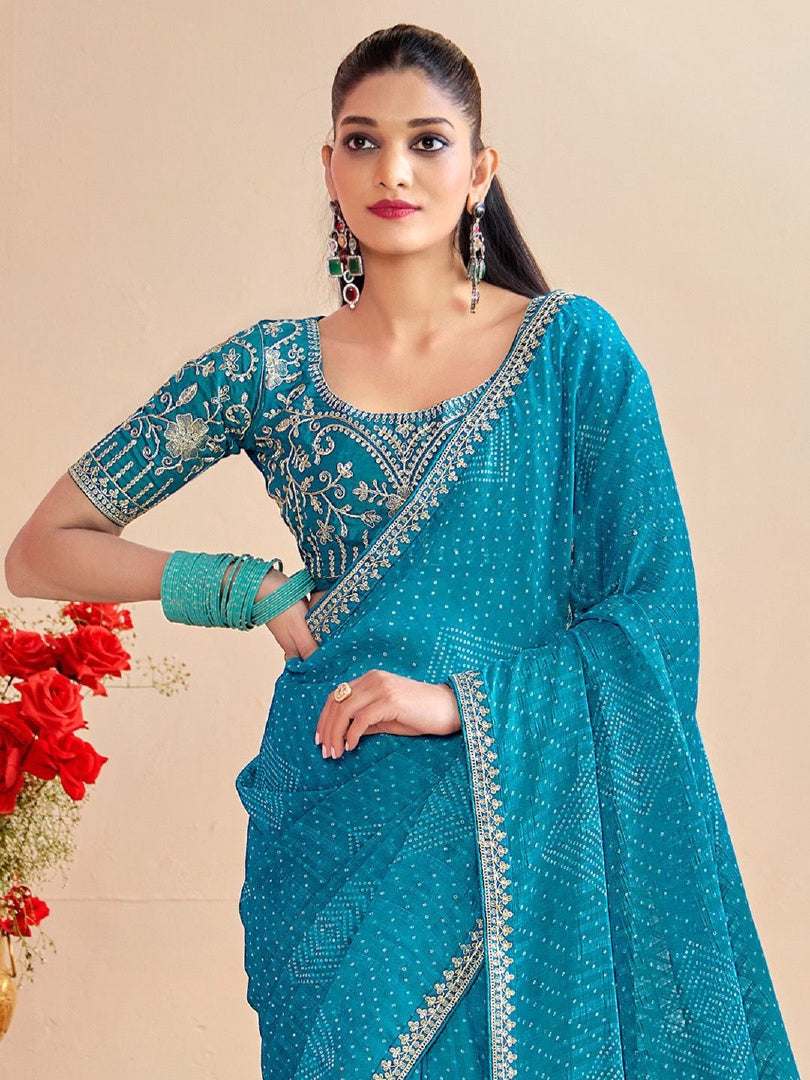 Refreshing Sky Blue Moss Chiffon Bandhni Saree with Embroidery Lace & Banglory Blouse