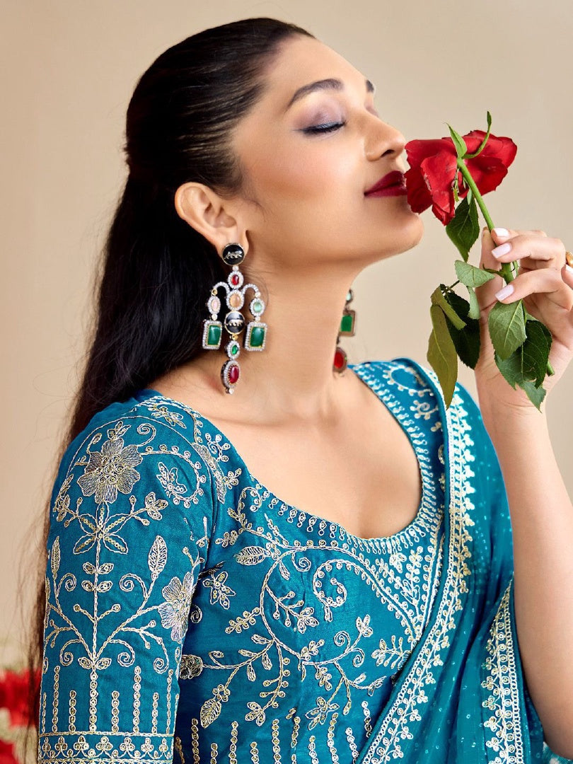 Refreshing Sky Blue Moss Chiffon Bandhni Saree with Embroidery Lace & Banglory Blouse