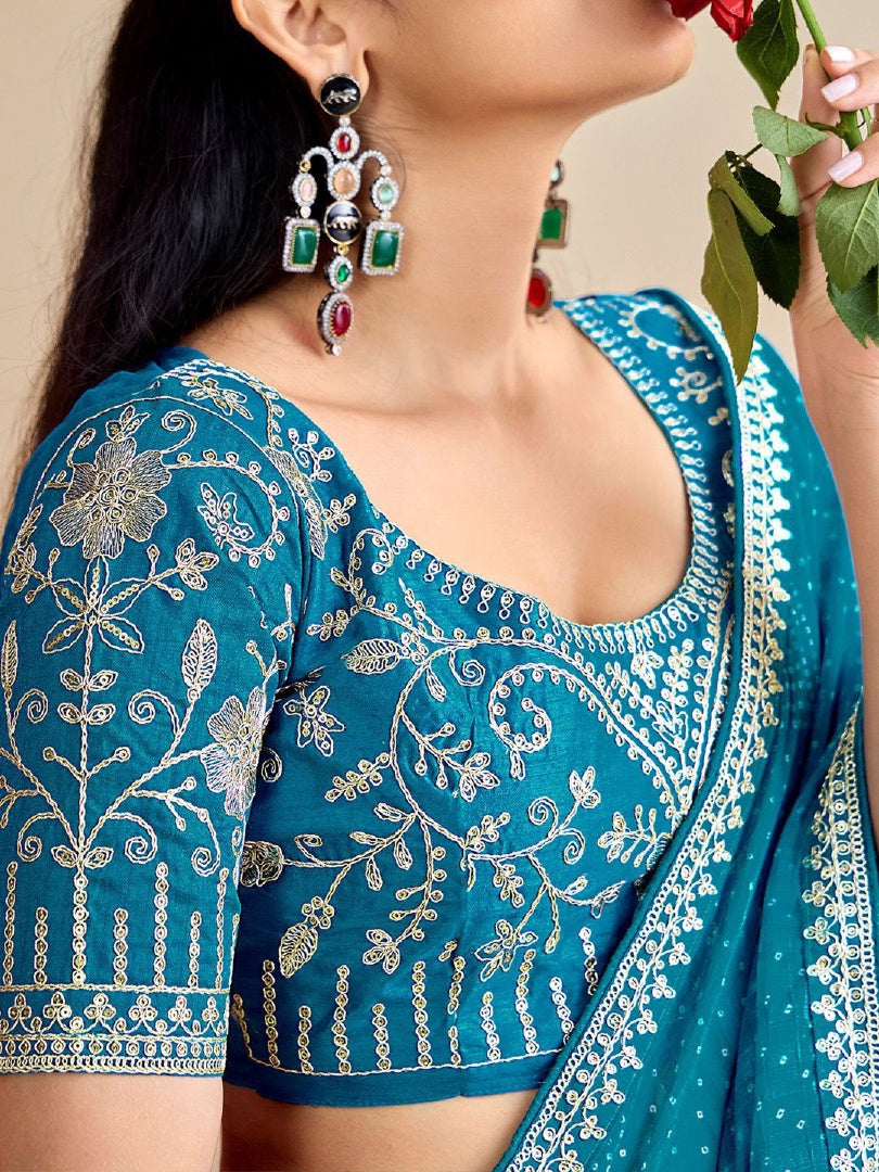 Refreshing Sky Blue Moss Chiffon Bandhni Saree with Embroidery Lace & Banglory Blouse