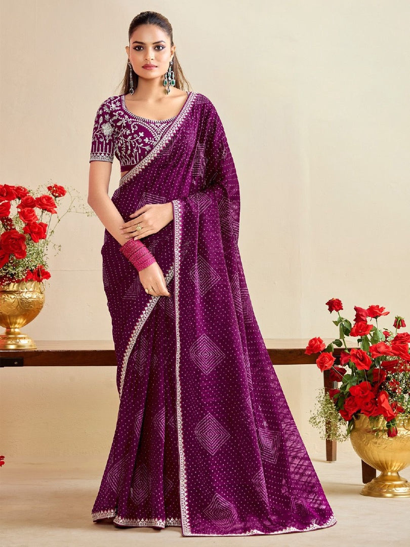 Royal Wine Moss Chiffon Bandhni Saree with Embroidery Lace & Banglory Blouse