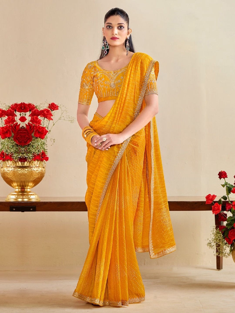 Bright Yellow Moss Chiffon Bandhni Saree with Embroidery Lace & Banglory Blouse