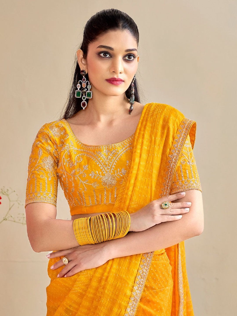 Bright Yellow Moss Chiffon Bandhni Saree with Embroidery Lace & Banglory Blouse