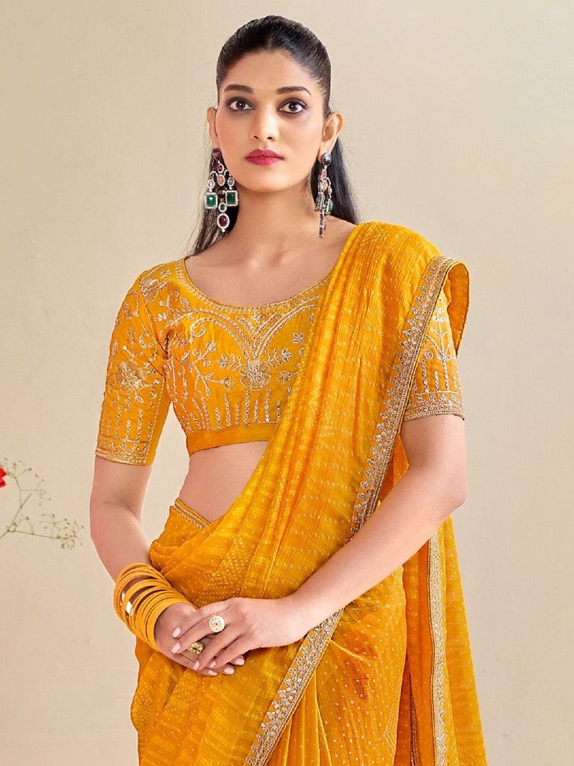 Bright Yellow Moss Chiffon Bandhni Saree with Embroidery Lace & Banglory Blouse